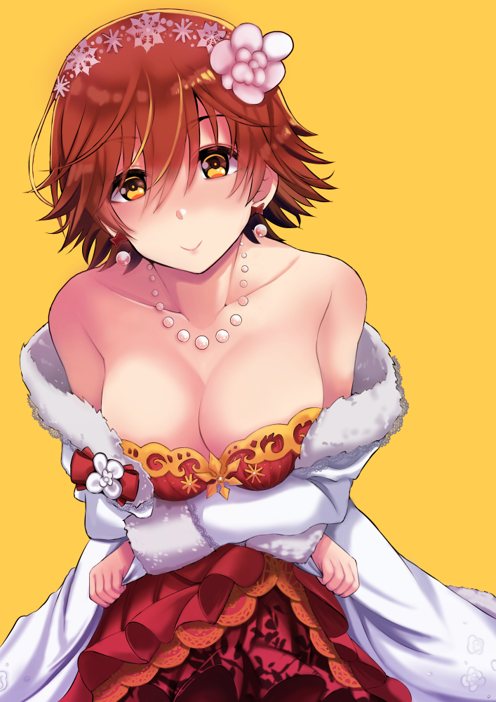 1girl bare_shoulders blush breasts brown_eyes brown_hair cleavage dress fur_trim graphite_(medium) hair_ornament honda_mio idolmaster idolmaster_cinderella_girls idolmaster_cinderella_girls_starlight_stage jewelry large_breasts looking_at_viewer necklace pearl_earrings pearl_necklace shiroyukimajima short_hair smile solo traditional_media