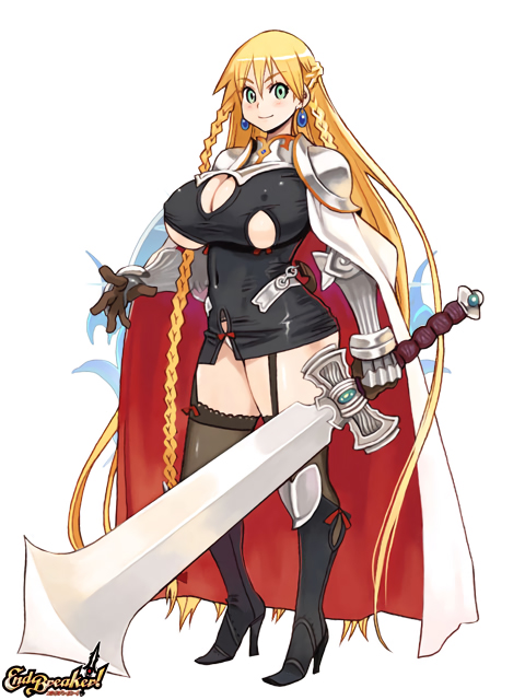 1girl absurdly_long_hair blonde_hair boots braid breasts cleavage_cutout covered_navel earrings end_breaker! erect_nipples french_braid full_body garter_straps gauntlets gloves green_eyes high_heels holding holding_sword holding_weapon huge_breasts huge_weapon jewelry long_hair looking_at_viewer official_art pauldrons ryoji_(nomura_ryouji) skin_tight smile solo sword thigh-highs twin_braids very_long_hair weapon