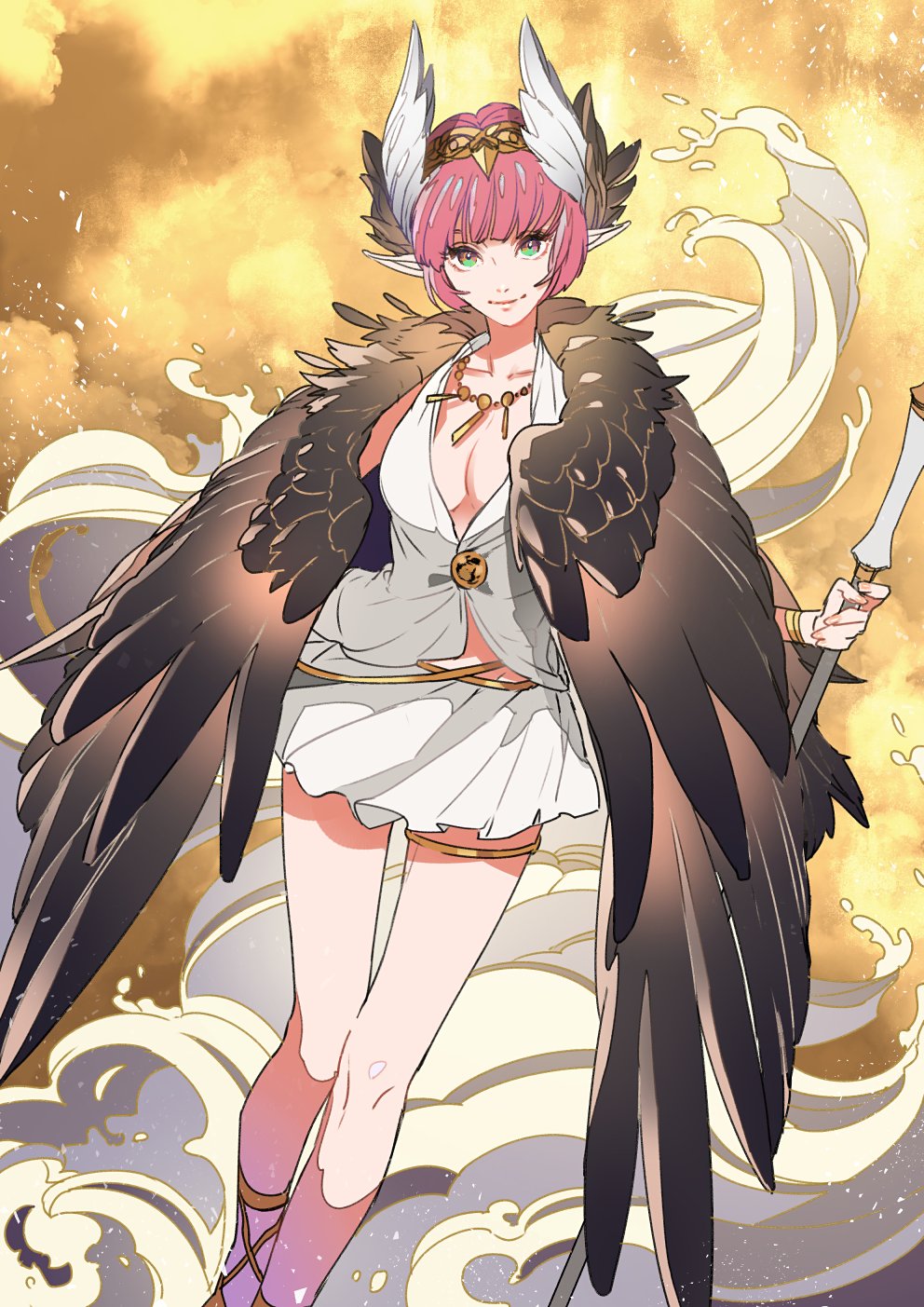 1girl bangs bracelet circe_(fate/grand_order) closed_mouth clouds copyright_request fate/grand_order fate_(series) feathered_wings feet_out_of_frame fingernails green_eyes hairband highres holding holding_staff jewelry legband necklace no_bra pink_hair pleated_skirt pointy_ears sandals skirt smile solo staff vest white_skirt white_vest wings yosi135