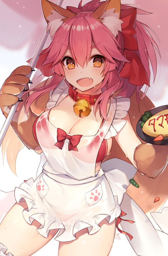 1girl :d animal_ears apron bangs beach_umbrella bell bell_collar bikini bikini_under_clothes blurry blurry_background blush bow breasts bright_pupils brown_gloves cleavage collar cowboy_shot depth_of_field fang fate/grand_order fate_(series) food fox_ears fox_tail frilled_apron frills gloves hair_between_eyes hair_bow hair_ribbon holding jingle_bell large_breasts long_hair looking_at_viewer muryotaro omurice open_mouth paw_gloves paws pink_hair ponytail red_bikini red_bow ribbon see-through shiny shiny_skin smile solo standing sweat swimsuit tail tamamo_(fate)_(all) tamamo_cat_(fate) thighs umbrella v-shaped_eyebrows white_apron yellow_eyes