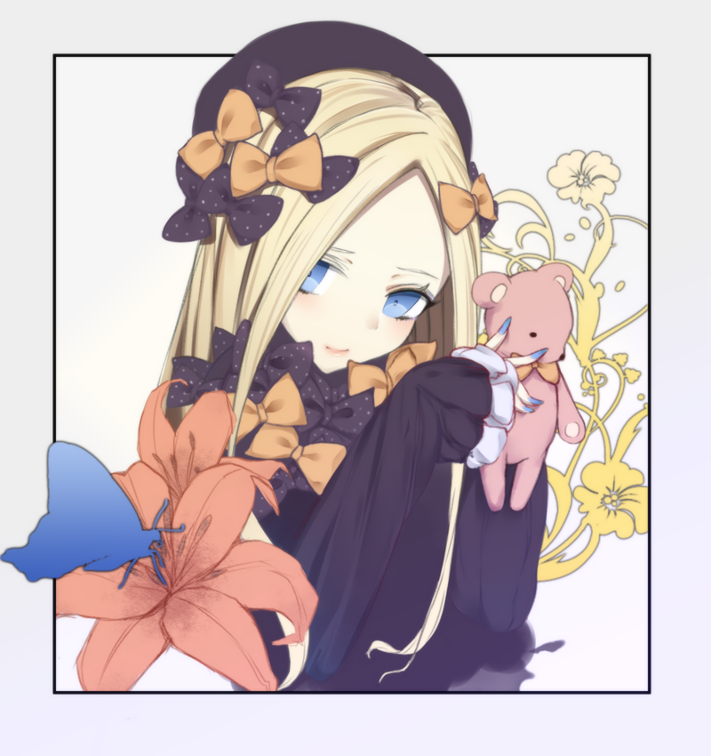 1girl abigail_williams_(fate/grand_order) bangs bbci black_bow black_dress black_hat blonde_hair blue_eyes blue_nails blush bow closed_mouth commentary_request dress fate/grand_order fate_(series) fingernails flower hair_bow hat holding holding_stuffed_animal light_smile long_sleeves looking_at_viewer nail_polish orange_bow parted_bangs polka_dot polka_dot_bow sleeves_past_wrists solo stuffed_animal stuffed_toy teddy_bear