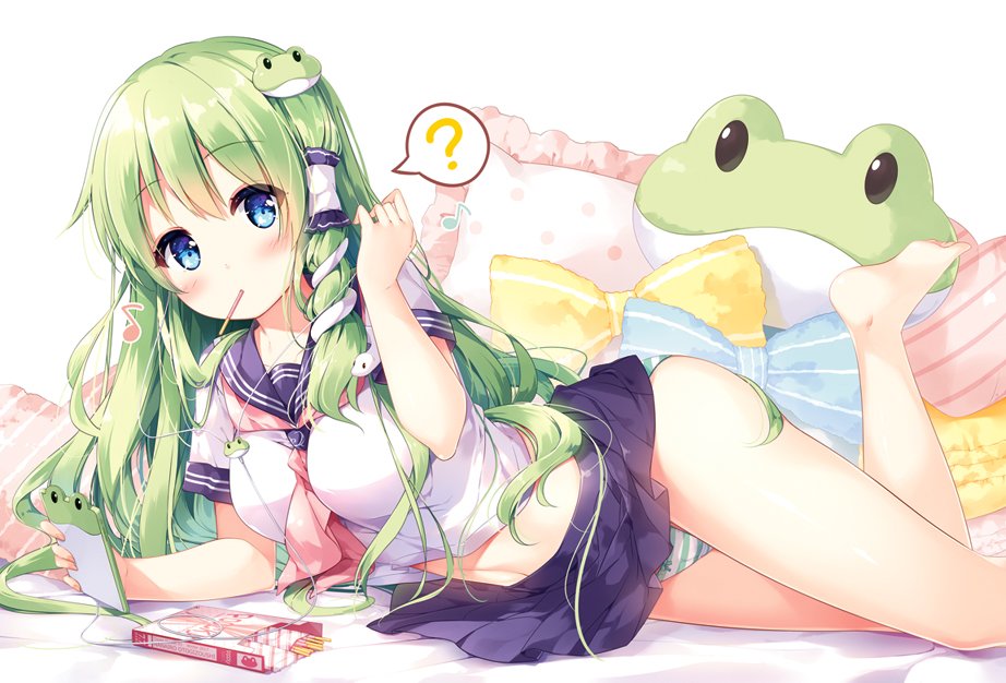 blue_eyes frog green_hair hair_accessories hair_tube heart kochiya_sanae miyase_mahiro neckerchief panties phone pillows pocky school_uniform seifuku skirt snake staring_at_viewer striped striped_panties touhou