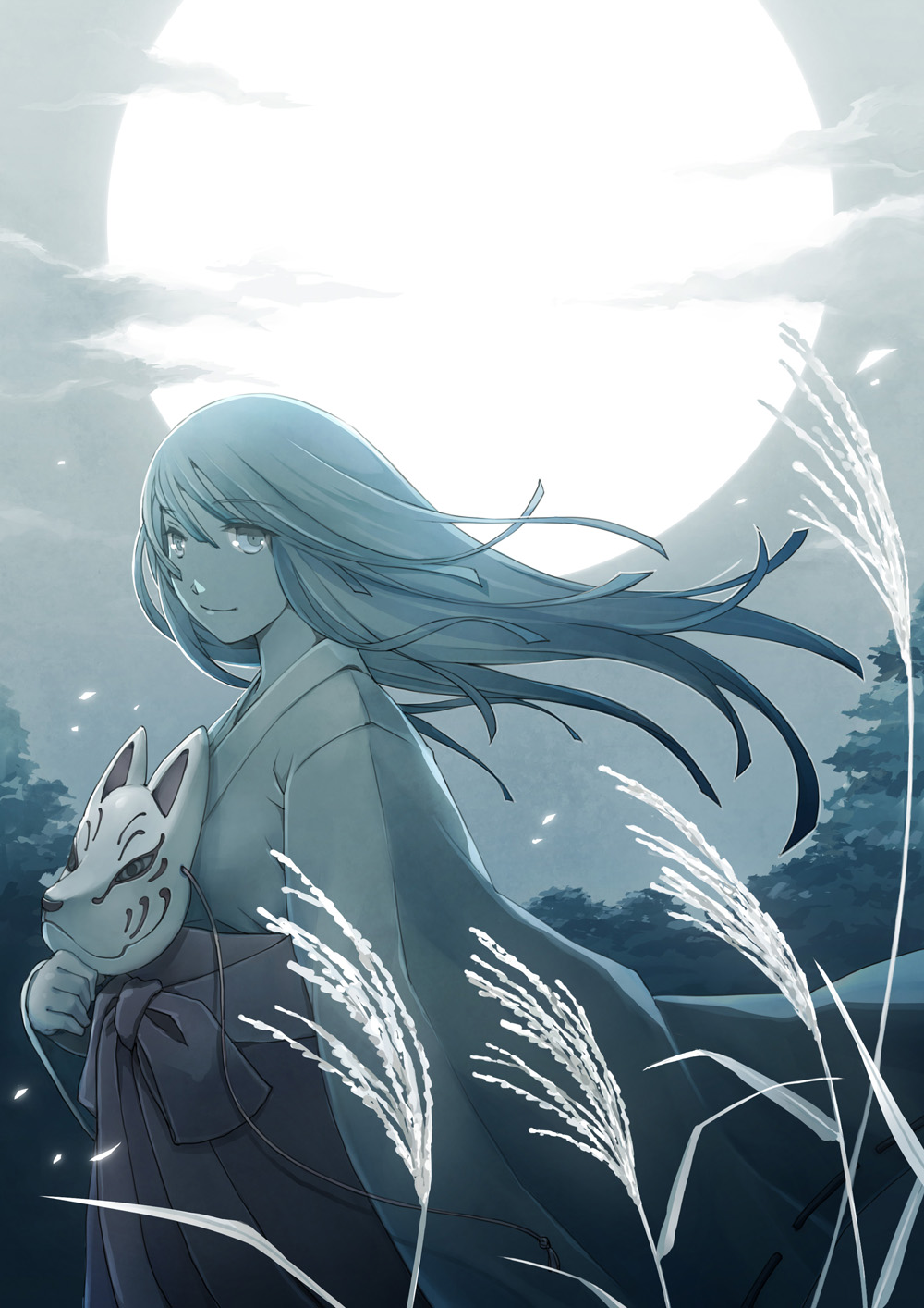 1girl aqua_hair backlighting character_request clouds cloudy_sky commentary_request cowboy_shot eyebrows_visible_through_hair floating_hair forest fox_mask from_side full_moon grey_eyes hakama highres holding holding_mask japanese_clothes light_smile limited_palette long_hair looking_at_viewer mask miko moon muted_color nature night night_sky petals red_hakama sachi_(yumemayoi) sky solo wheat wind yamajin_shoujo