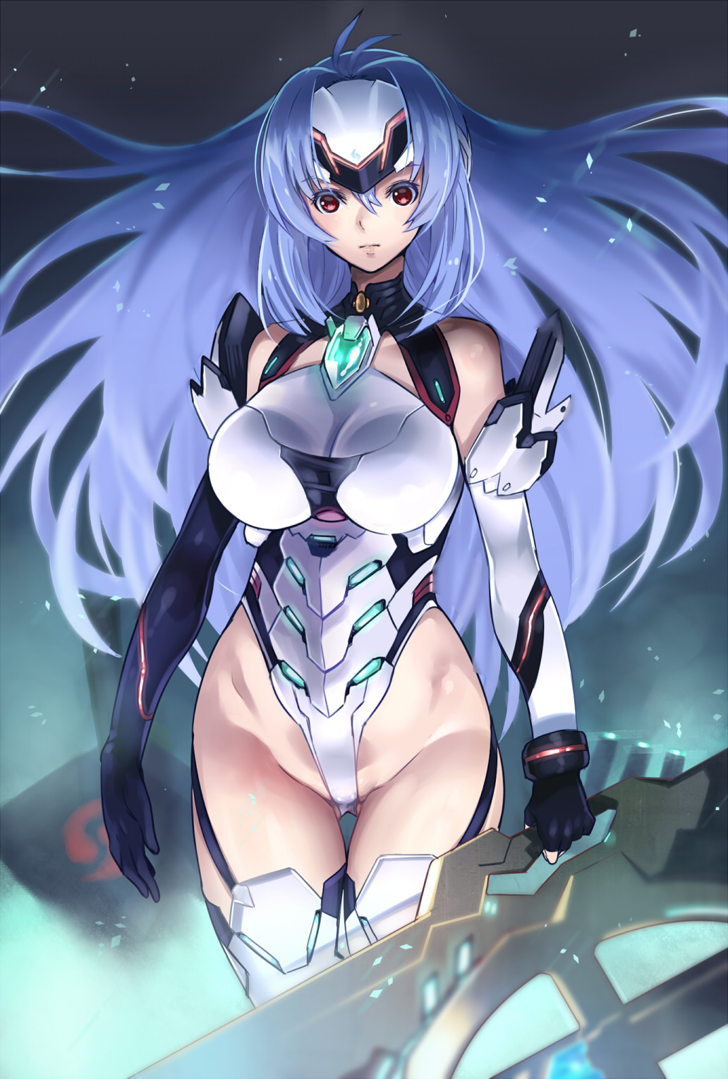 1girl android bare_shoulders black_gloves blue_hair blush breasts cleavage closed_mouth commentary_request cowboy_shot elbow_gloves expressionless floating_hair forehead_protector gloves gluteal_fold hair_between_eyes headgear highleg highleg_leotard highres hijiri hips holding holding_weapon kos-mos large_breasts legs_together leotard lips long_hair looking_at_viewer mismatched_gloves red_eyes sidelocks solo standing thigh-highs thigh_gap thighs very_long_hair weapon white_gloves white_legwear white_leotard xenosaga
