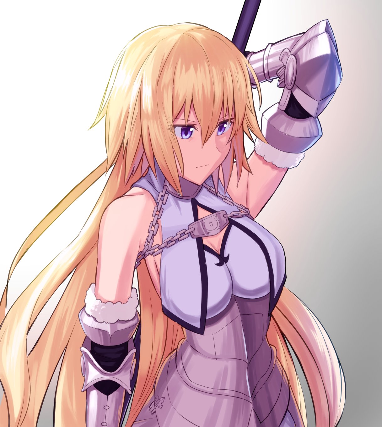 1girl armor armored_dress blonde_hair blue_eyes breasts chains cleavage detached_sleeves dress eyebrows_visible_through_hair fate/apocrypha fate_(series) gradient gradient_background grey_background hair_between_eyes highres holding jeanne_d'arc_(fate) jeanne_d'arc_(fate)_(all) large_breasts long_hair nyorotono sideboob sleeveless sleeveless_dress solo upper_body very_long_hair