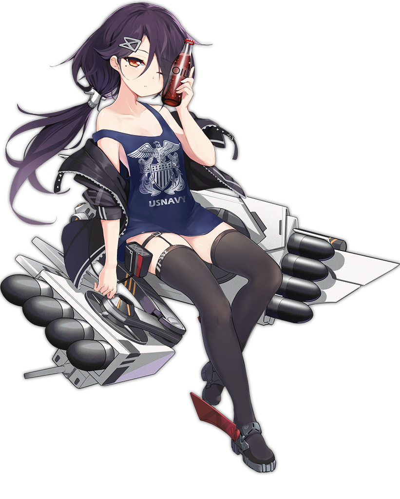 1girl azur_lane bare_shoulders black_legwear bottle breasts cassin_(azur_lane) cleavage clothes_writing full_body hair_ornament long_hair looking_at_viewer low_ponytail machinery mole mole_under_eye off_shoulder official_art one_eye_closed ootsuki_momiji orange_eyes purple_hair remodel_(azur_lane) rudder_shoes simple_background sitting small_breasts solo strap_slip thigh-highs thigh_strap transparent_background zettai_ryouiki