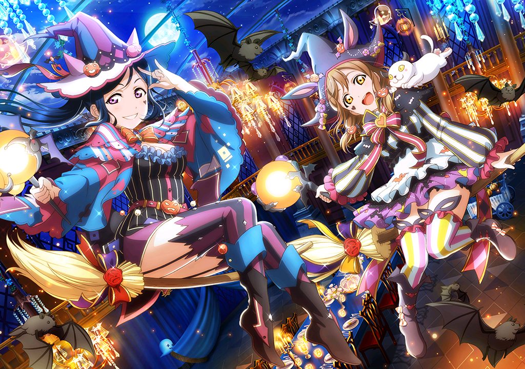 2girls alternate_costume animal_ears artist_request bangs bat blue_hair boots bow breasts broom broom_riding brown_hair cat chandelier cleavage dress fake_animal_ears flying garter_straps grin halloween hat heart_tattoo holding kunikida_hanamaru long_hair looking_at_viewer love_live! love_live!_school_idol_festival love_live!_sunshine!! matsuura_kanan medium_breasts moon multiple_girls night night_sky official_art open_mouth orange_eyes pinstripe_pattern ponytail pumpkin sidesaddle sky smile striped table tattoo thigh-highs vertical_stripes violet_eyes window witch witch_hat