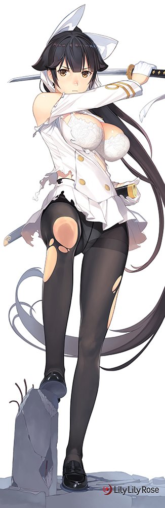 1girl azur_lane bangs bare_shoulders black_footwear black_hair black_legwear blunt_bangs blush bra breasts brown_eyes circle_name cleavage closed_mouth crotch_seam double-breasted fighting_stance full_body gloves holding holding_sword holding_weapon katana large_breasts leg_up long_hair long_sleeves looking_at_viewer mibu_natsuki military military_uniform miniskirt panties panties_under_pantyhose pantyhose pantyshot pantyshot_(standing) pleated_skirt ponytail serious sheath shoes simple_background skirt solo standing sword takao_(azur_lane) thighband_pantyhose torn_clothes torn_pantyhose underwear uniform unsheathed very_long_hair weapon white_background white_bra white_gloves white_skirt
