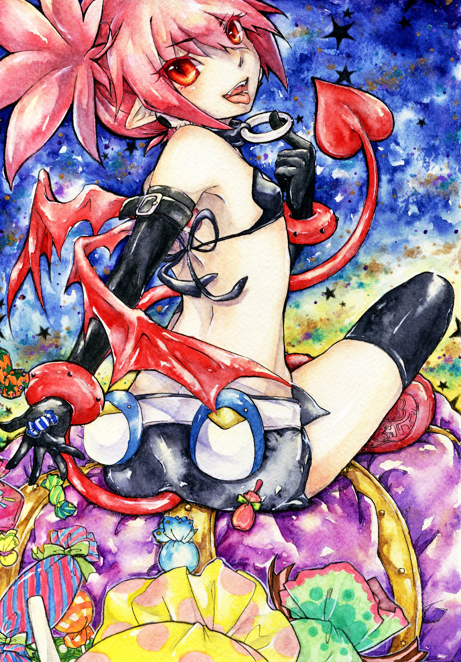 1girl bare_shoulders black_gloves candy choker demon_tail disgaea earrings etna flat_chest food gloves highres jewelry long_hair looking_back makai_senki_disgaea navel pointy_ears red_eyes redhead simple_background sitting skirt tail twintails wings woichi