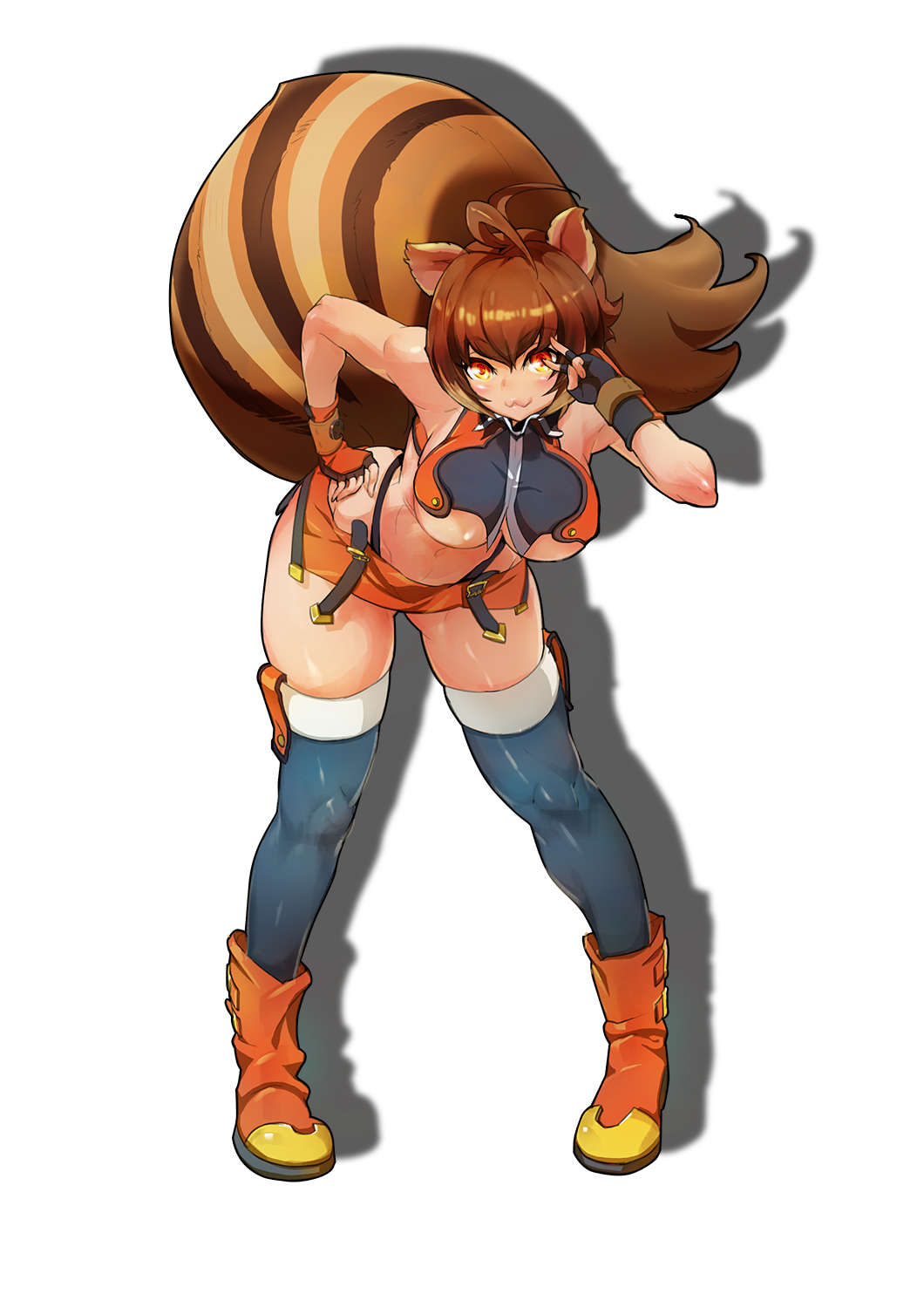 1girl :3 animal_ears antenna_hair bare_shoulders black_legwear blazblue blush breasts brown_hair crop_top curvy fingerless_gloves full_body gloves hand_on_hip highleg highleg_panties highres ioioi_(2466400725) large_breasts leaning_forward looking_at_viewer makoto_nanaya microskirt multicolored_hair orange_eyes orange_skirt panties pelvic_curtain revealing_clothes shadow skirt smile solo squirrel_ears squirrel_tail standing tail thick_thighs thigh-highs two-tone_hair under_boob underwear v_over_eye white_background wide_hips