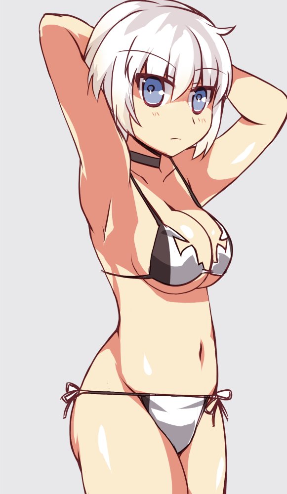 1girl adapted_costume alternate_costume armpits arms_behind_head arms_up azur_lane bangs bare_arms bare_legs bare_shoulders bikini black_choker blue_eyes blue_pupils bob_cut breasts choker cleavage collarbone cowboy_shot eyebrows eyebrows_visible_through_hair facing_away frown groin hair_between_eyes karlsruhe_(azur_lane) legs_together looking_at_viewer medium_breasts midriff navel ribbon short_hair side-tie_bikini silver_background simple_background solo standing stomach swimsuit tsurime under_boob wahiko_(black_bastard) white_hair