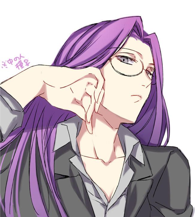 1girl adjusting_hair blazer collarbone collared_shirt fate/stay_night fate_(series) glasses jacket long_hair looking_at_viewer purple_hair rider shirt solo very_long_hair ycco_(estrella)