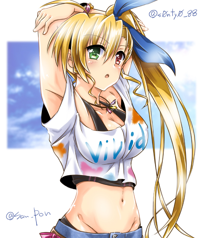 1girl arms_behind_head bangs black_shirt blonde_hair blue_ribbon bracelet breasts clothes_writing crop_top dasuto eyebrows_visible_through_hair green_eyes hair_ribbon heterochromia jewelry layered_clothing long_hair looking_at_viewer lyrical_nanoha mahou_shoujo_lyrical_nanoha_vivid medium_breasts midriff navel necklace older paint_splatter parted_lips red_eyes ribbon shirt side_ponytail solo standing tank_top twitter_username upper_body vivio white_shirt