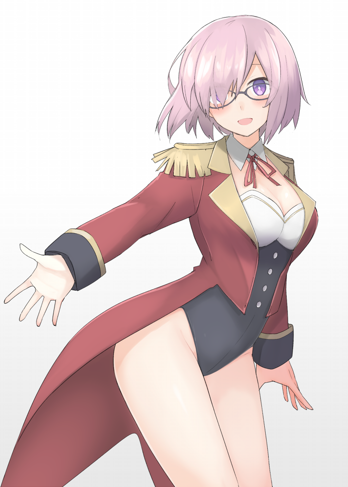 1girl :d arm_at_side bare_legs black-framed_eyewear black_leotard blush breasts bright_pupils cleavage coattails comic detached_collar epaulettes fate/grand_order fate_(series) glasses gradient gradient_background hair_over_one_eye jacket leaning_forward leg_up leotard long_sleeves looking_at_viewer mash_kyrielight medium_breasts mobu open_clothes open_jacket open_mouth outstretched_arm pink_hair reaching_out red_jacket red_ribbon ribbon shielder_(fate/grand_order) short_hair smile solo spread_fingers standing tareme thighs violet_eyes white_background