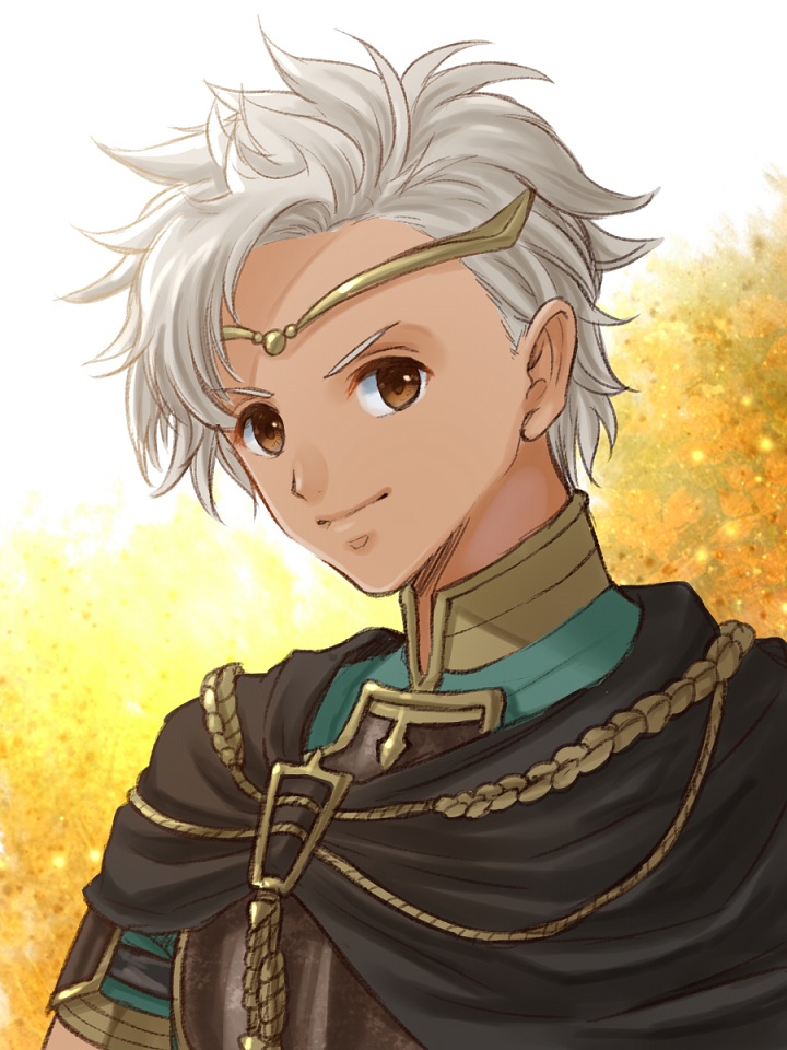 1boy boey_(fire_emblem) brown_eyes cape circlet dark_skin fire_emblem fire_emblem_echoes:_mou_hitori_no_eiyuuou hanasaki_komugi male_focus solo upper_body white_hair