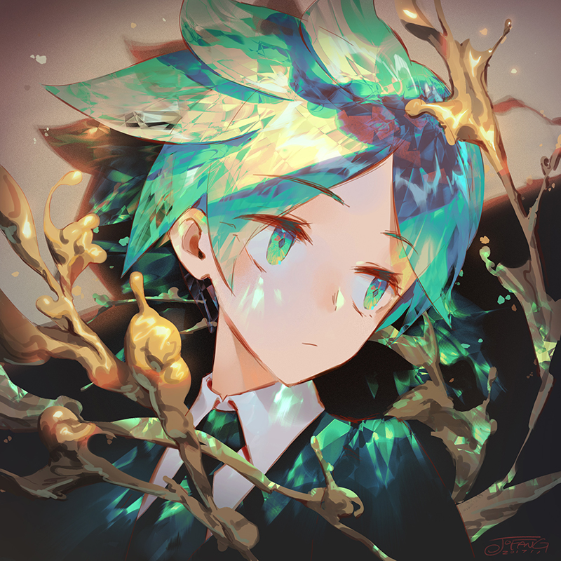 androgynous bangs closed_mouth cowlick eyebrows_visible_through_hair green_eyes green_hair houseki_no_kuni jofang looking_to_the_side necktie phosphophyllite short_hair solo