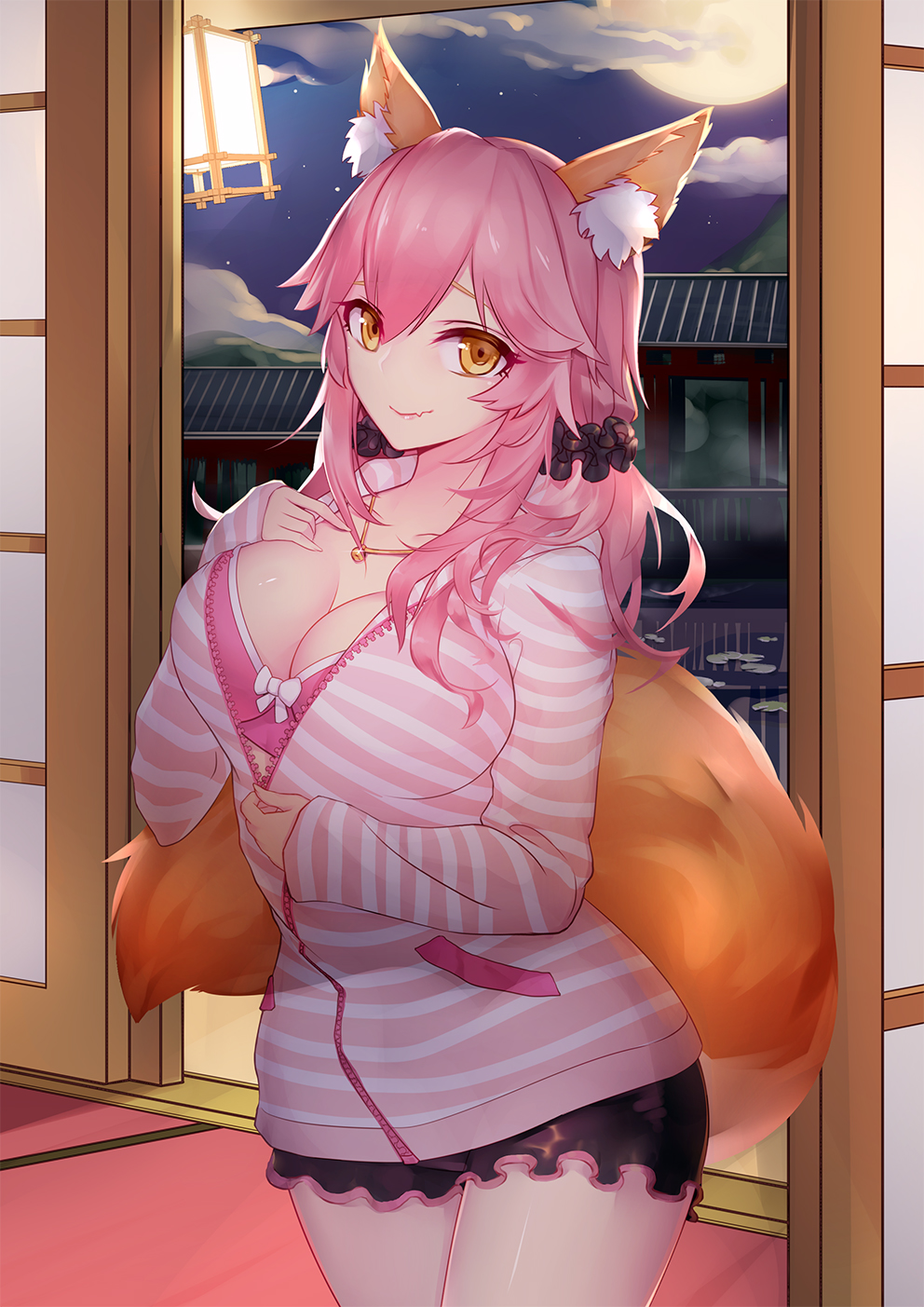 1girl animal_ears bra breasts casual cleavage collarbone fang_out fate/extra fate/extra_ccc fate/grand_order fate_(series) fox_ears fox_tail full_moon hand_on_own_chest highres jewelry large_breasts liu_lan looking_at_viewer moon necklace night night_sky pink_bra pink_hair shirt sky solo star star_(sky) starry_sky striped striped_shirt tail tamamo_(fate)_(all) tamamo_no_mae_(fate) underwear yellow_eyes