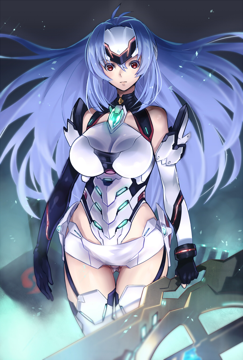 1girl android bare_shoulders black_gloves blue_hair blush breasts cleavage closed_mouth commentary_request cowboy_shot elbow_gloves expressionless floating_hair forehead_protector gloves gluteal_fold hair_between_eyes headgear highleg highleg_leotard highres hijiri hips holding holding_weapon kos-mos large_breasts legs_together leotard lips long_hair looking_at_viewer microskirt mismatched_gloves red_eyes sidelocks skirt solo standing thigh-highs thigh_gap thighs very_long_hair weapon white_gloves white_legwear white_leotard white_skirt xenosaga