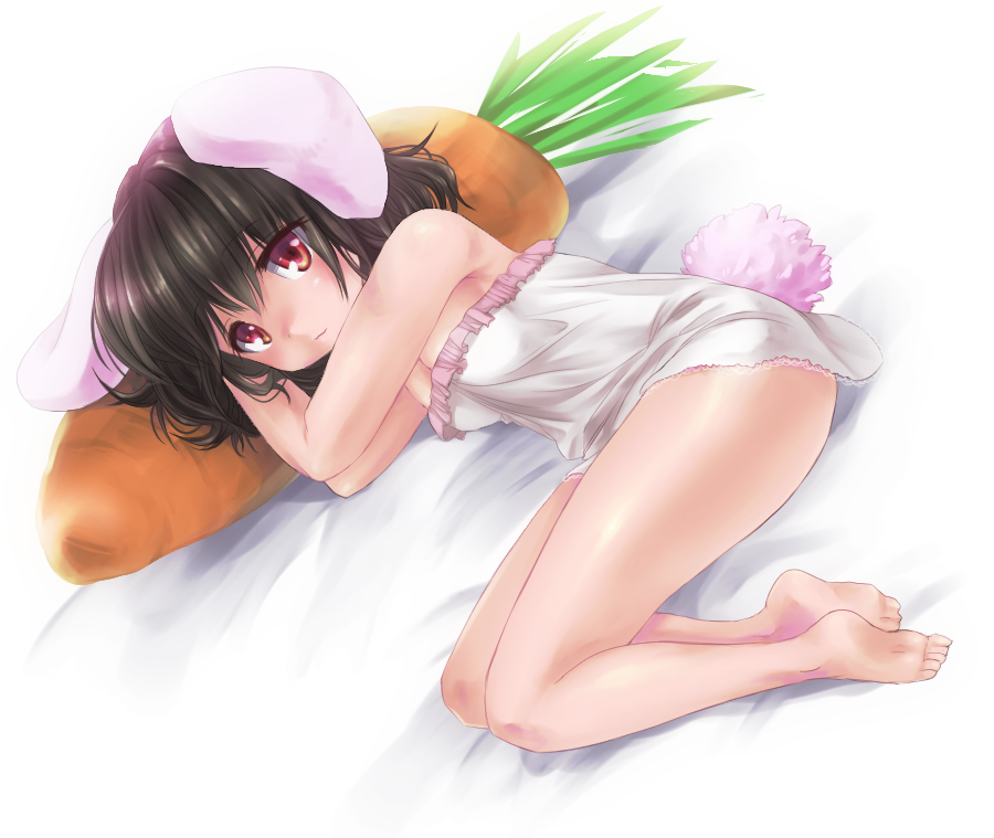 1girl :3 animal_ears bangs bare_arms bare_legs bare_shoulders barefoot black_hair breasts carrot dress full_body inaba_tewi looking_at_viewer lying medium_breasts on_side rabbit_ears red_eyes short_dress sibata solo strapless strapless_dress touhou white_dress