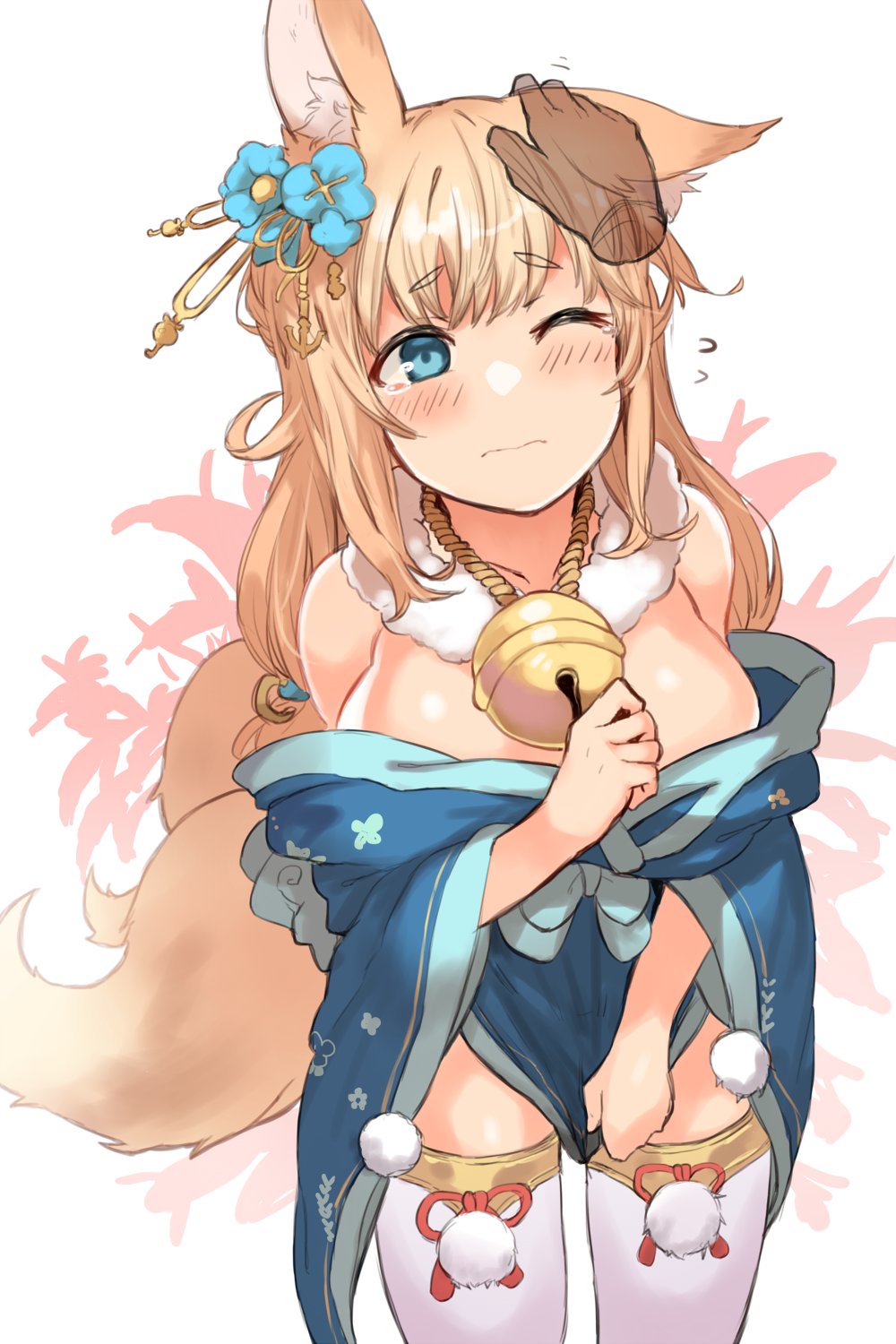 1girl animal_ears azur_lane bangs bare_shoulders bell blonde_hair blue_eyes blush breasts closed_mouth cowboy_shot elbow_gloves fox_ears fox_tail ganesagi gloves highres japanese_clothes jingle_bell kimono large_breasts long_hair multiple_tails niizuki_(azur_lane) off_shoulder one_eye_closed petting short_kimono tail tears thigh-highs white_legwear wide_sleeves