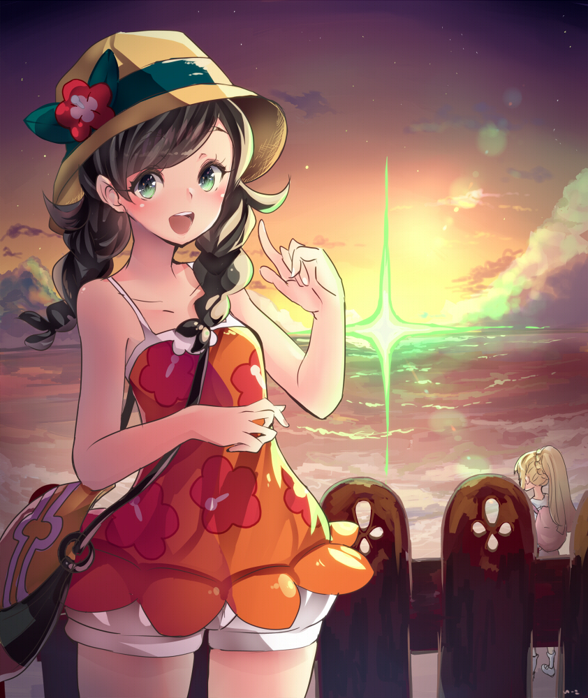 2girls bag beach black_hair blonde_hair blush braid fence green_eyes green_flash hat lillie_(pokemon) mizuki_(pokemon_ultra_sm) multiple_girls ocean open_mouth pokemon pokemon_(game) pokemon_ultra_sm ponytail school_uniform sea shorts sky smile solo sun sunset tank_top twin_braids xe-cox