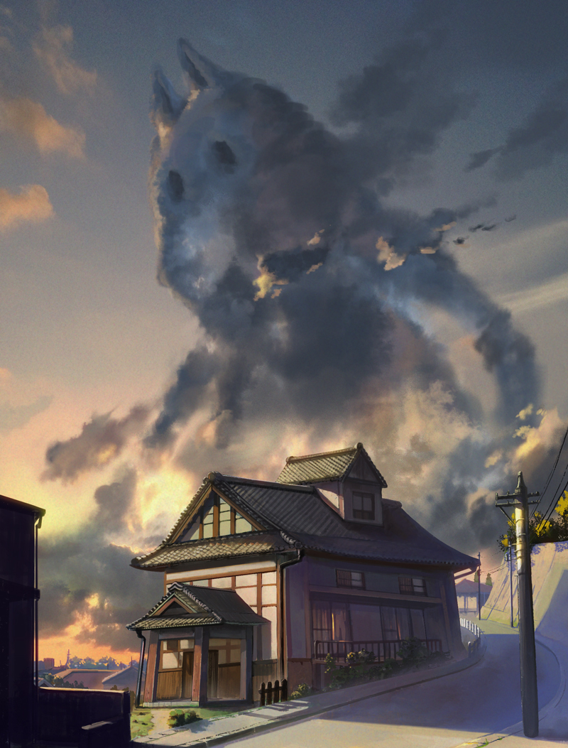 architecture clouds cloudy_sky day door east_asian_architecture fantasy fence house miso_katsu moomin moomintroll no_humans original outdoors power_lines road scenery sky street sunset telephone_pole