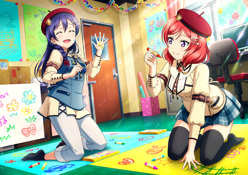 2girls alternate_costume artist_request bangs beret black_legwear blue_hair box braid breasts cardboard_box chair checkered checkered_skirt child_drawing clock closed_eyes closed_mouth computer crayon day desk dirty_face door drawing hat holding indoors kneeling long_hair long_sleeves looking_at_another love_live! love_live!_school_idol_festival love_live!_school_idol_project medium_breasts monitor multiple_girls nishikino_maki no_shoes office_chair official_art open_mouth pants pleated_skirt redhead short_hair single_braid skirt smile socks sonoda_umi sunlight thigh-highs violet_eyes window zettai_ryouiki