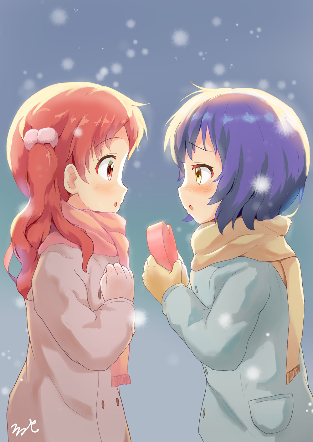 2girls :o aayh bangs blue_coat blue_hair blush brown_coat brown_gloves brown_scarf coat commentary_request eyebrows_visible_through_hair fang from_side gift giving gloves gochuumon_wa_usagi_desu_ka? hair_between_eyes hair_bobbles hair_ornament heart-shaped_box highres holding holding_gift jouga_maya long_hair multiple_girls natsu_megumi nose_blush parted_lips pocket pom_pom_(clothes) profile redhead scarf signature surprised twintails valentine yellow_eyes yellow_gloves yellow_scarf yuri