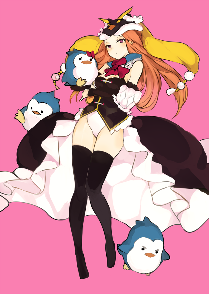 1girl bare_shoulders bird black_dress black_legwear brown_hair dress elbow_gloves full_body gloves hat knees_together_feet_apart leotard long_hair looking_at_viewer lpip mawaru_penguindrum neckerchief no_shoes open_clothes open_dress penguin penguin_1-gou penguin_2-gou penguin_3-gou pink_background princess_of_the_crystal red_neckwear simple_background thigh-highs violet_eyes white_leotard