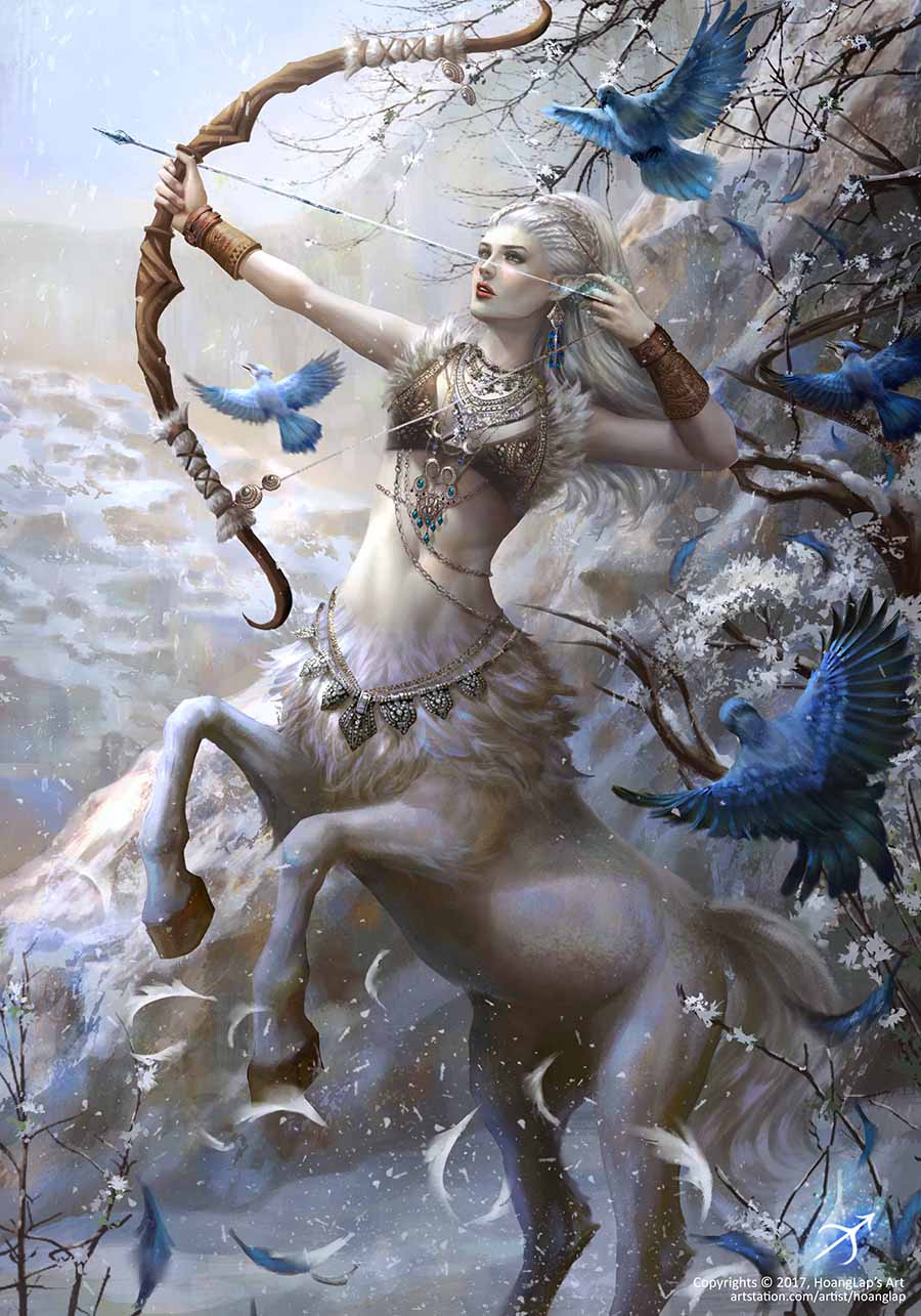 1girl bare_tree bird bow_(weapon) bracer centaur day earrings feathers highres jewelry looking_to_the_side navel outdoors pale_skin parted_lips pointy_ears snow solan solo standing tree watermark weapon web_address white_hair