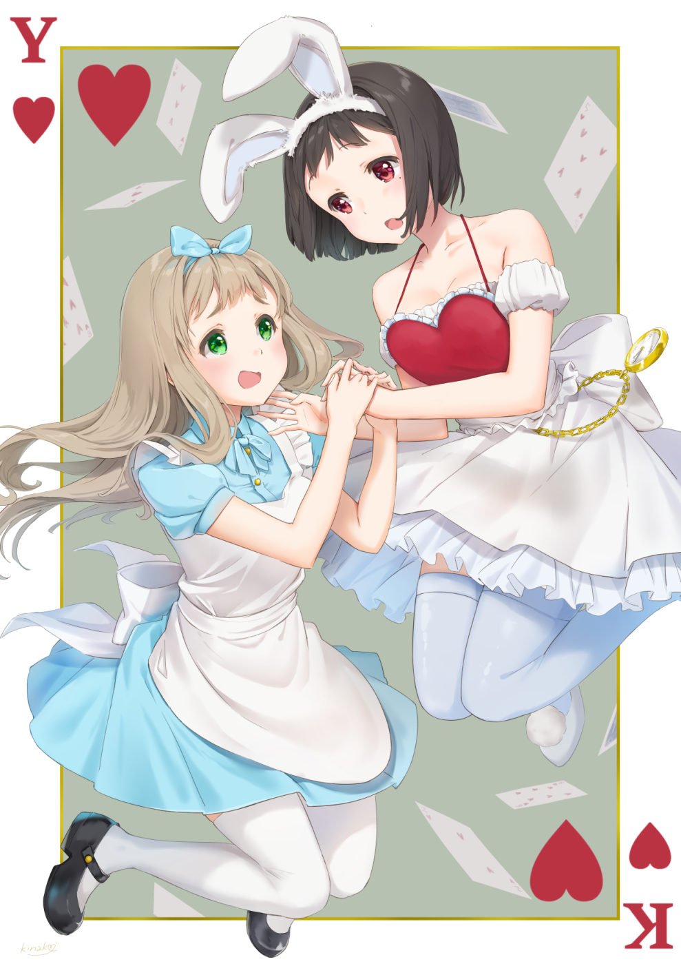 2girls alice_(wonderland) alice_(wonderland)_(cosplay) alice_in_wonderland animal_ears apron black_footwear black_hair blue_dress brown_hair card cosplay dress eye_contact full_body green_eyes hair_ribbon hibike!_euphonium highres long_hair looking_at_another mary_janes mole mole_under_eye multiple_girls nakaseko_kaori playing_card rabbit_ears red_eyes ribbon shiratama_akane shoes short_hair thigh-highs white_apron white_dress white_legwear white_rabbit white_rabbit_(cosplay) white_ribbon yoshikawa_yuuko