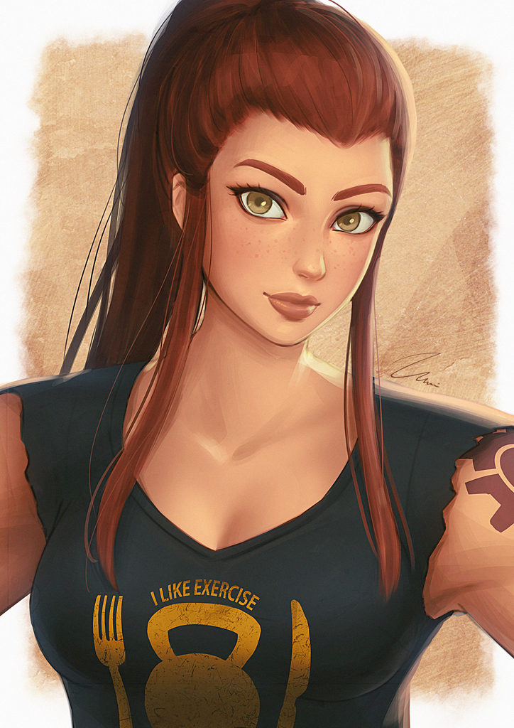 1girl arm_tattoo auburn_hair breasts brigitte_lindholm clothes_writing freckles lips long_hair looking_at_viewer medium_breasts overwatch ponytail solo tattoo umigraphics upper_body