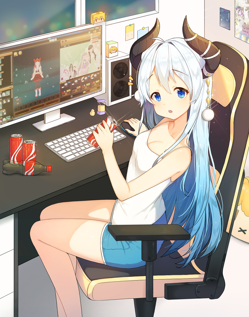 1girl :o bangs bare_arms bare_legs bare_shoulders blue_eyes blue_hair blue_shorts bottle camisole can chair cola computer_keyboard computer_mouse curled_horns desk eyebrows_visible_through_hair gradient_hair hair_between_eyes horns indoors long_hair looking_at_viewer looking_to_the_side monitor monster_girl multicolored_hair office_chair original parted_lips short_shorts shorts silver_hair sitting sleeveless solo speaker tp_(kido_94) very_long_hair white_camisole window
