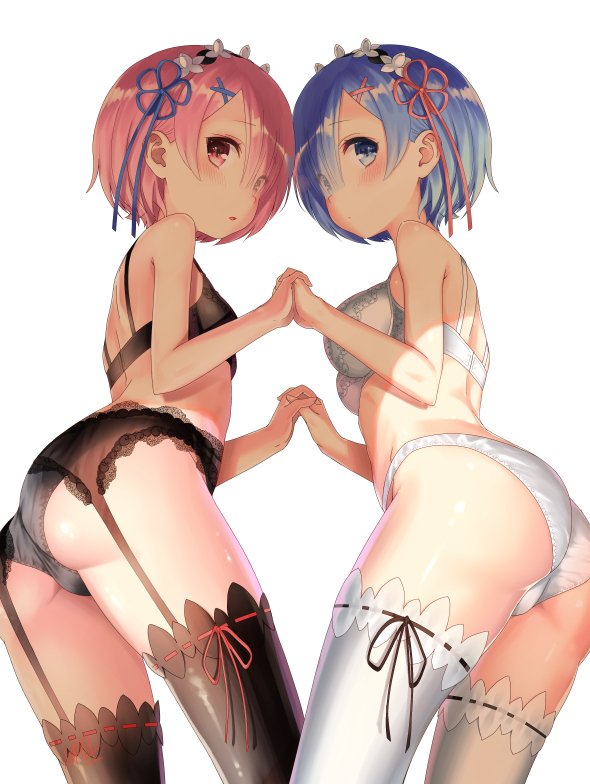 2girls ass black_bra black_legwear black_panties blue_eyes blue_hair bra breasts from_below from_side garter_belt hair_ornament hair_over_one_eye hair_ribbon hairband hand_holding interlocked_fingers lace-trimmed_garter_belt leaning_forward lolita_hairband medium_breasts multiple_girls panties parted_lips pink_eyes pink_hair ram_(re:zero) re:zero_kara_hajimeru_isekai_seikatsu rem_(re:zero) ribbon ribbon-trimmed_thighhighs siblings simple_background sisters small_breasts thigh-highs underwear underwear_only white_background white_bra white_legwear white_panties x_hair_ornament yasuyuki