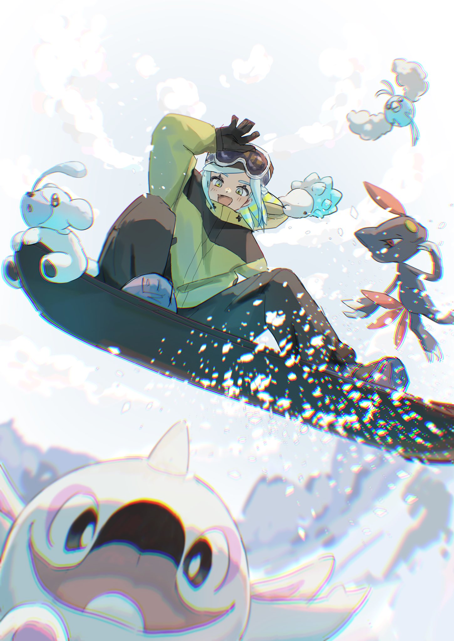 1boy :d arm_up bangs black_gloves black_pants blue_hair blush cetoddle clouds commentary_request cubchoo day from_below full_body gloves goggles goggles_on_head green_eyes grusha_(pokemon) highres hood hood_down hooded_jacket jacket long_sleeves looking_at_viewer male_focus medium_hair mimi_(mimi_grs1) open_mouth outdoors pants parted_bangs pokemon pokemon_(creature) pokemon_(game) pokemon_sv puffy_long_sleeves puffy_sleeves shoes sidelocks sky smile sneasel snom snow snowboard snowboarding solo swablu swept_bangs yellow_jacket