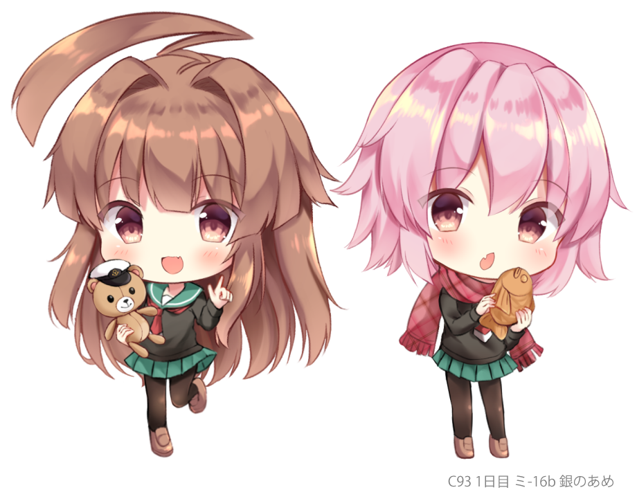 2girls :d ahoge black_legwear brown_eyes brown_hair commentary_request eyebrows_visible_through_hair fang food green_sailor_collar green_skirt holding holding_food huge_ahoge kantai_collection kuma_(kantai_collection) long_hair long_sleeves masayo_(gin_no_ame) multiple_girls necktie open_mouth pantyhose pink_hair pleated_skirt red_eyes red_neckwear red_scarf sailor_collar scarf school_uniform serafuku short_hair simple_background skirt smile stuffed_animal stuffed_toy tama_(kantai_collection) teddy_bear white_background