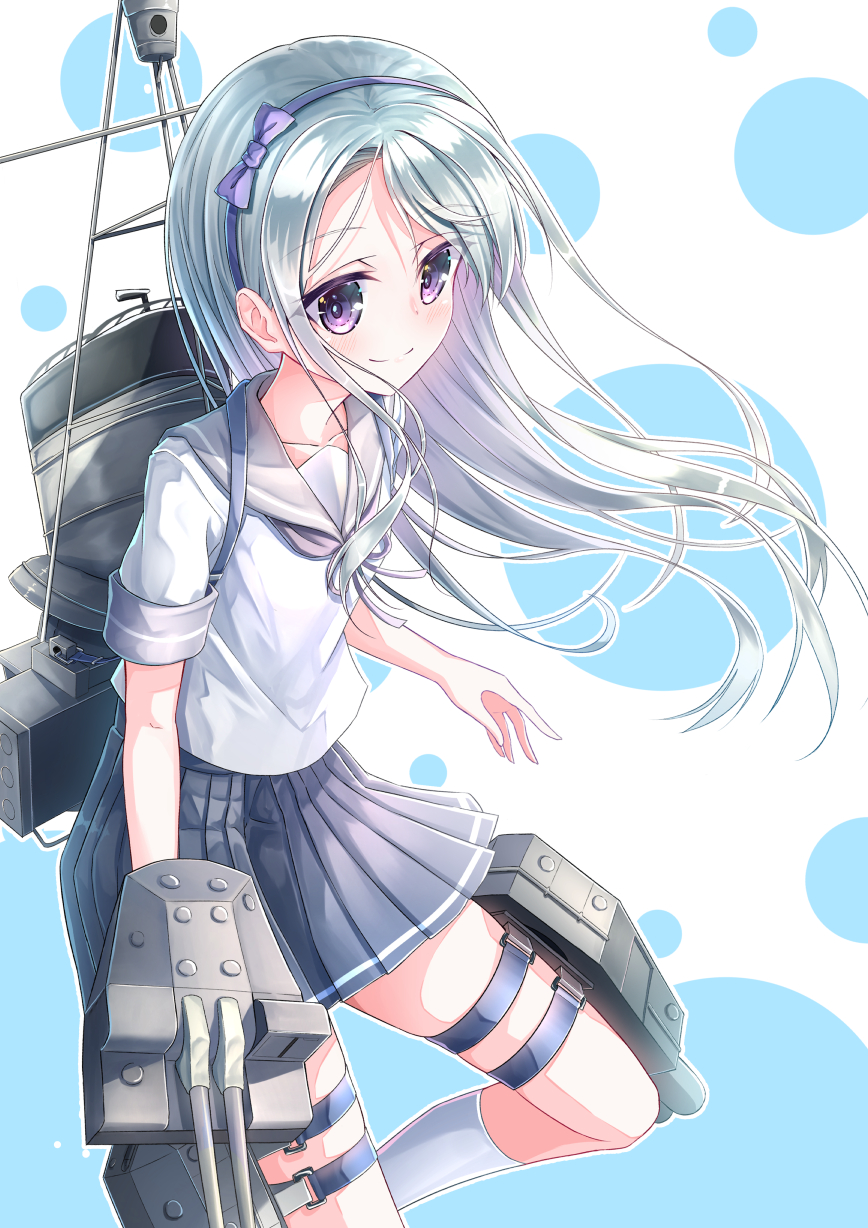 1girl blue_skirt bow cannon carrying closed_mouth collarbone commentary_request cowboy_shot dotted_background eyebrows_visible_through_hair floating_hair hair_bow hairband highres kantai_collection kneehighs leg_strap long_hair looking_at_viewer mast outline pleated_skirt sagiri_(kantai_collection) sailor_collar sailor_shirt school_uniform serafuku shirt shoulder_strap sidelocks silver_hair simple_background skindentation skirt smile smokestack solo turret violet_eyes white_legwear white_shirt yashiro