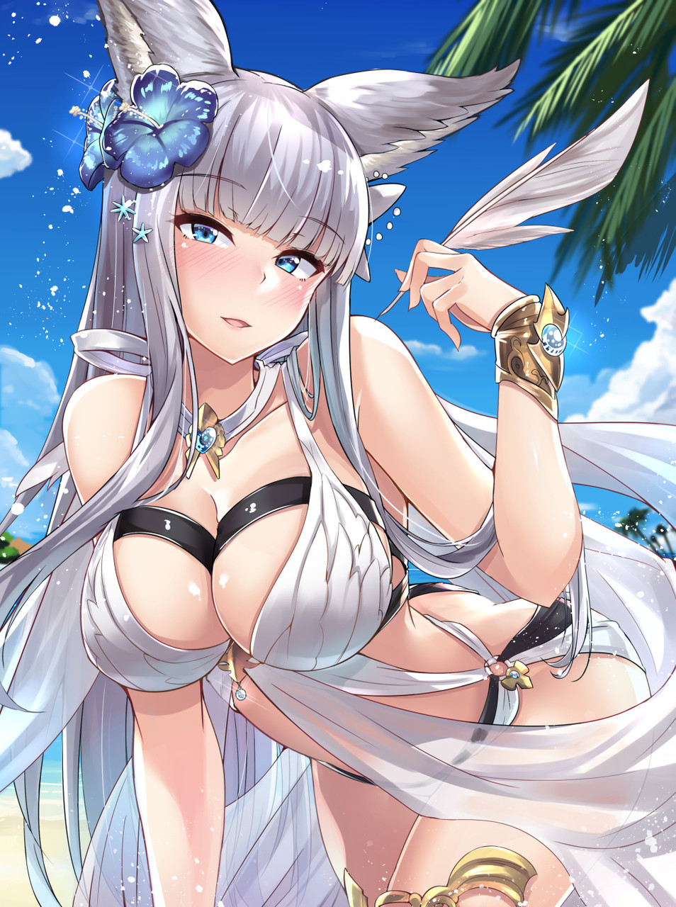 1girl animal_ears bangs bare_arms bare_shoulders beach bikini blue_eyes blue_flower blue_sky blunt_bangs blush bracer branch breasts cleavage clouds collarbone commentary_request day erun_(granblue_fantasy) eyebrows_visible_through_hair flower gem glint granblue_fantasy grey_hair hair_flower hair_ornament head_tilt heart hibiscus highres holding kazami_chiu korwa large_breasts leaning_forward light_smile long_hair looking_at_viewer o-ring o-ring_bikini ocean outdoors palm_tree parted_lips quill sand shiny shiny_skin sidelocks sky solo sparkle standing swimsuit thighlet tree very_long_hair white_bikini