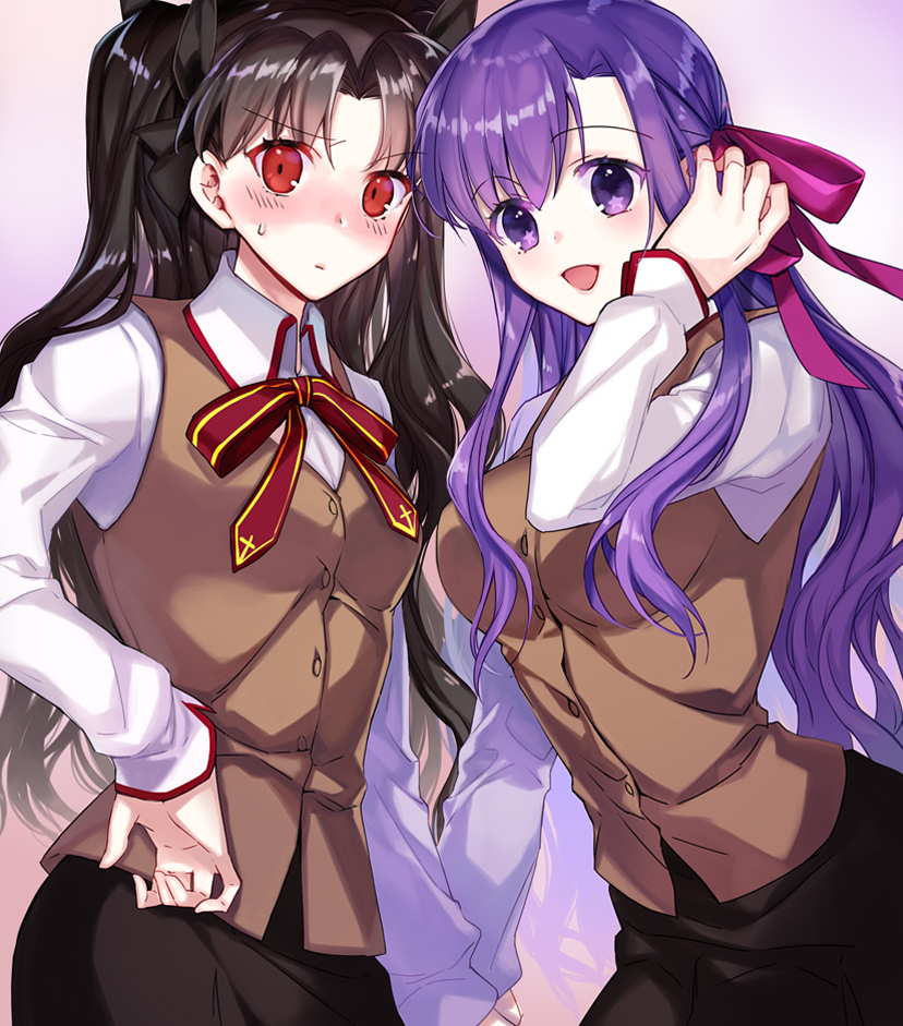 2girls :d adjusting_hair bangs black_skirt blush breasts brown_vest collared_shirt colored_eyelashes cosplay cowboy_shot embarrassed eyebrows_visible_through_hair fate/grand_order fate/stay_night fate_(series) gradient gradient_background hair_ribbon hand_holding hand_in_hair hand_on_hip hand_up ishtar_(fate/grand_order) leaning_forward long_hair long_sleeves looking_at_viewer matou_sakura medium_breasts multiple_girls neck_ribbon nose_blush open_mouth parted_bangs parvati_(fate/grand_order) pink_background purple_hair red_ribbon ribbon shirt skirt smile standing star_in_eye sweat tareme tohsaka_rin uniform very_long_hair violet_eyes white_shirt wing_collar ycco_(estrella)