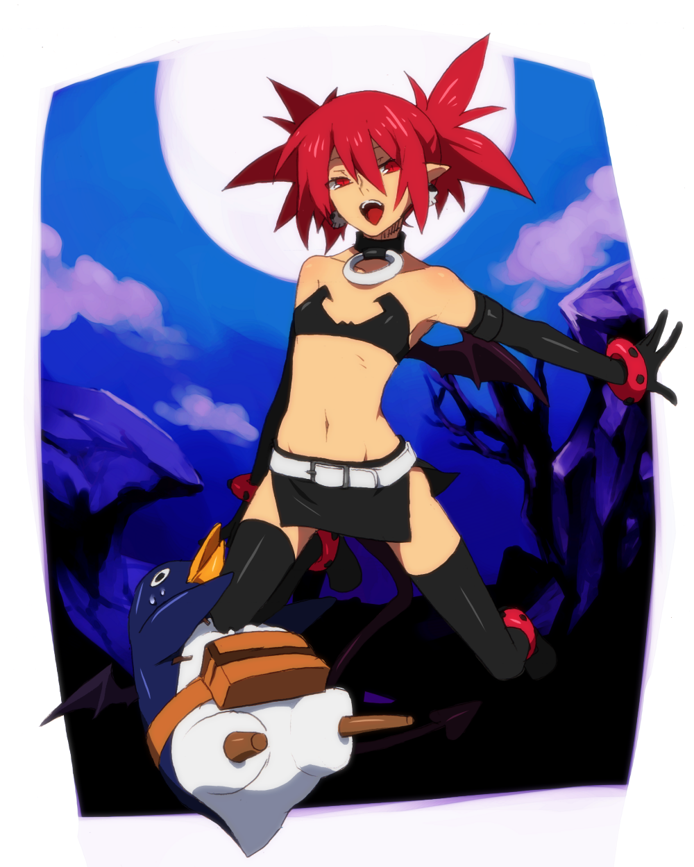 1girl bare_shoulders belt black_gloves bracelet breasts choker demon_tail disgaea etna flat_chest gloves highres jewelry looking_at_viewer makai_senki_disgaea matsuda_toki navel pointy_ears prinny red_eyes redhead simple_background skirt tail thigh-highs twintails wings