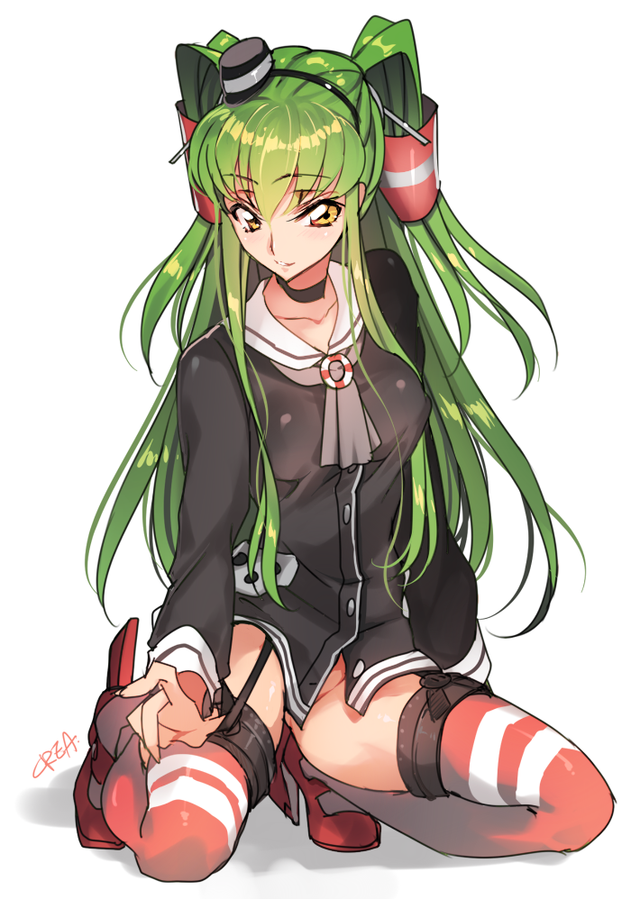 1girl amatsukaze_(kantai_collection) amatsukaze_(kantai_collection)_(cosplay) artist_name c.c. code_geass cosplay creayus dress green_hair hat high_heels kantai_collection kneeling long_hair no_panties sailor_dress short_dress signature simple_background smile solo striped striped_legwear thigh-highs two_side_up white_background yellow_eyes