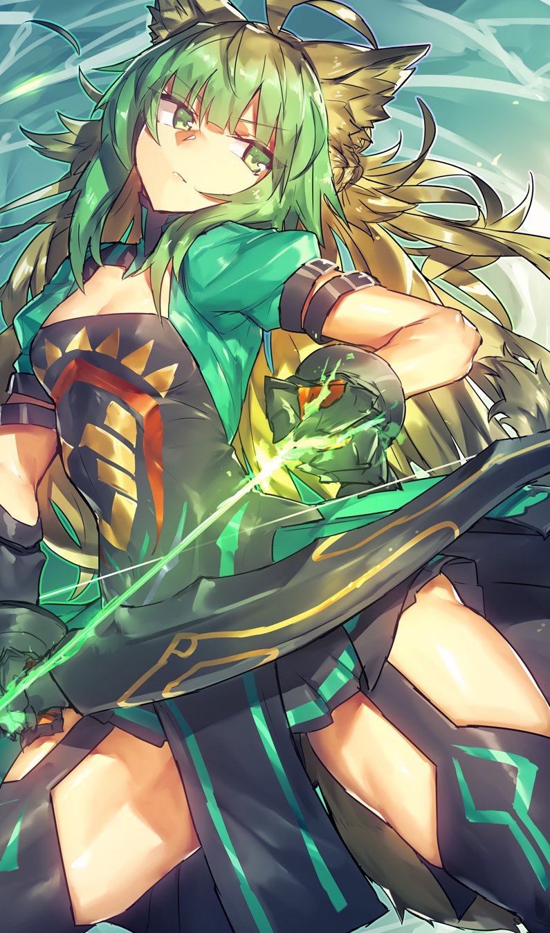 1girl animal_ears archer_of_red bow_(weapon) breasts eyebrows_visible_through_hair fate/grand_order fate_(series) gloves green_eyes green_hair highres long_hair melon22 small_breasts solo thigh-highs weapon