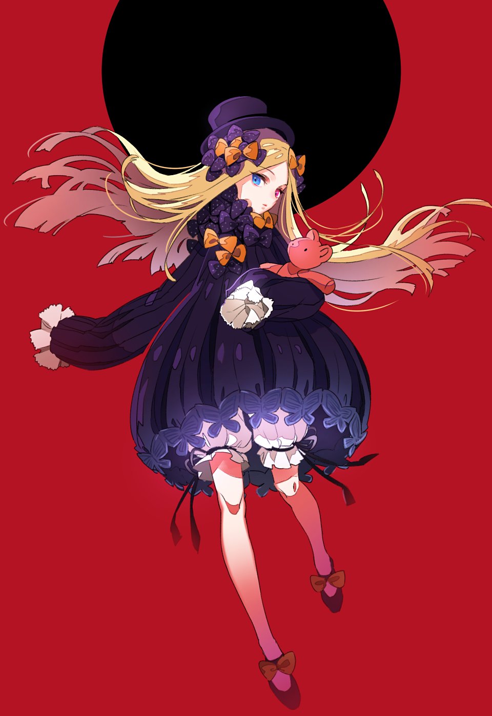 1girl abigail_williams_(fate/grand_order) blonde_hair blue_eyes bow bubble_skirt butterfly dress eyebrows_visible_through_hair fate/grand_order fate_(series) hair_bow hat heterochromia highres holding holding_stuffed_animal long_hair looking_at_viewer pink_eyes purple_dress purple_footwear purple_hat red_background shoes skirt solo stuffed_animal stuffed_toy teddy_bear too_many_bows top_hat two-tone_background very_long_sleeves yosi135