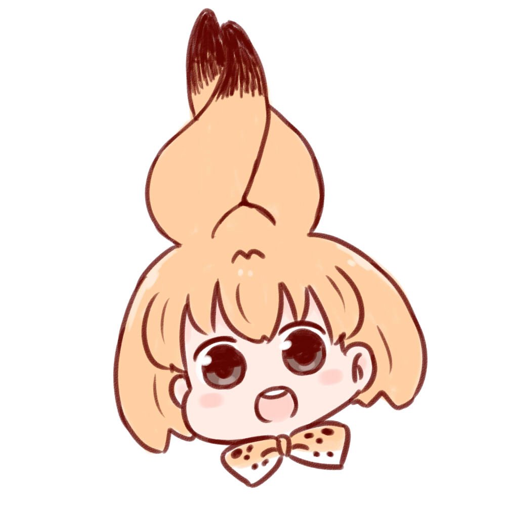 1girl :d animal_ears bangs batta_(ijigen_debris) black_eyes blush_stickers bow bowtie chibi face head_tilt kemono_friends looking_at_viewer open_mouth orange_eyes orange_neckwear serval_(kemono_friends) serval_ears serval_print short_hair simple_background smile solo white_background