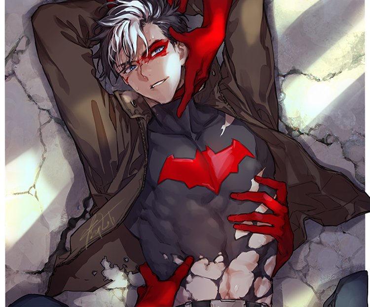 1boy abs arms_up black_hair blue_eyes bodysuit brown_jacket dc_comics from_above gloves hands jacket jason_todd male_focus multicolored_hair on_floor parted_lips red_gloves smirk solo torn_clothes two-tone_hair yooani