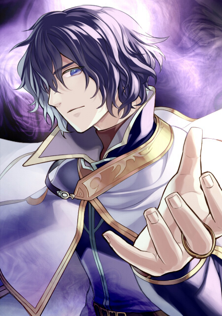 1boy blue_hair cape fire_emblem fire_emblem:_akatsuki_no_megami jewelry kiyuu male_focus pelleas ring solo upper_body violet_eyes