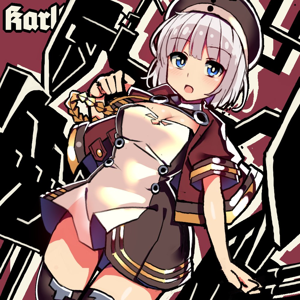 18bit 1girl aiguillette arm_at_side azur_lane bangs beret black_hat black_legwear blue_eyes blush bob_cut breasts bright_pupils buttons character_name cleavage cropped_jacket dress dutch_angle eyebrows eyebrows_visible_through_hair eyelashes hair_between_eyes hat jacket karlsruhe_(azur_lane) machinery medium_breasts military military_uniform multicolored multicolored_clothes multicolored_dress open_clothes open_jacket open_mouth red_background red_jacket short_dress short_hair short_sleeves silhouette silver_hair solo text thigh-highs thigh_gap tongue turret uniform white_pupils
