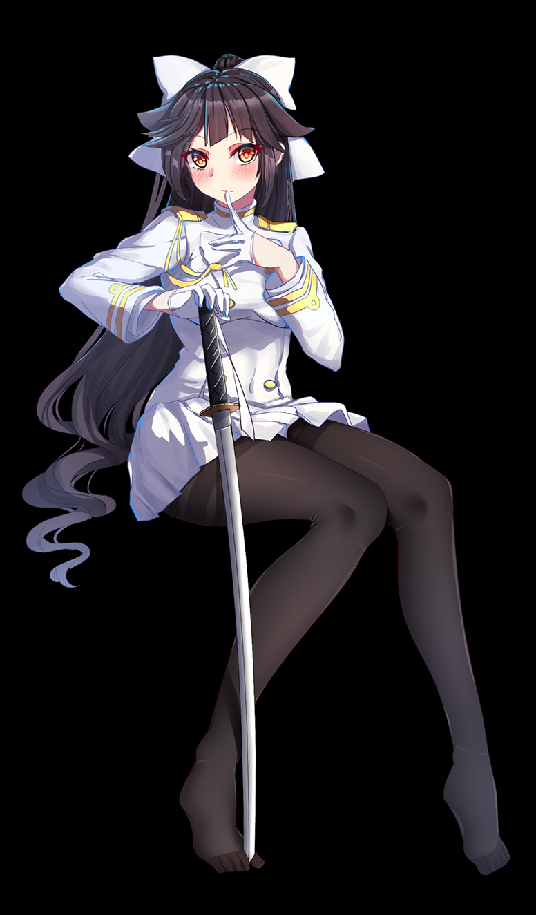 1girl aiguillette azur_lane bangs between_toes black_background black_hair black_legwear blunt_bangs blush bow cang_se_ye_hua eyebrows_visible_through_hair feet full_body gloves hair_bow high_ponytail highres holding holding_sword holding_weapon invisible_chair katana long_hair long_sleeves looking_at_viewer military military_uniform miniskirt no_shoes pantyhose pleated_skirt red_eyes shiny shiny_hair simple_background sitting skirt solo sword takao_(azur_lane) thighband_pantyhose toes tsurime uniform very_long_hair weapon white_bow white_gloves white_skirt