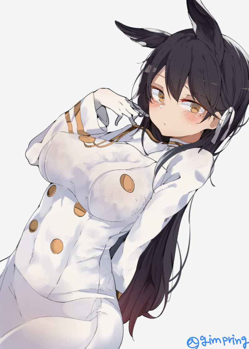 1girl animal_ears arm_behind_back atago_(azur_lane) azur_lane bangs black_hair blush breasts brown_eyes closed_mouth covered_navel cowboy_shot double-breasted dutch_angle erect_nipples eyebrows_visible_through_hair gloves grey_background large_breasts long_hair long_sleeves looking_at_viewer military military_uniform mole mole_under_eye playing_with_own_hair pring654 simple_background solo standing twitter_username uniform very_long_hair white_gloves
