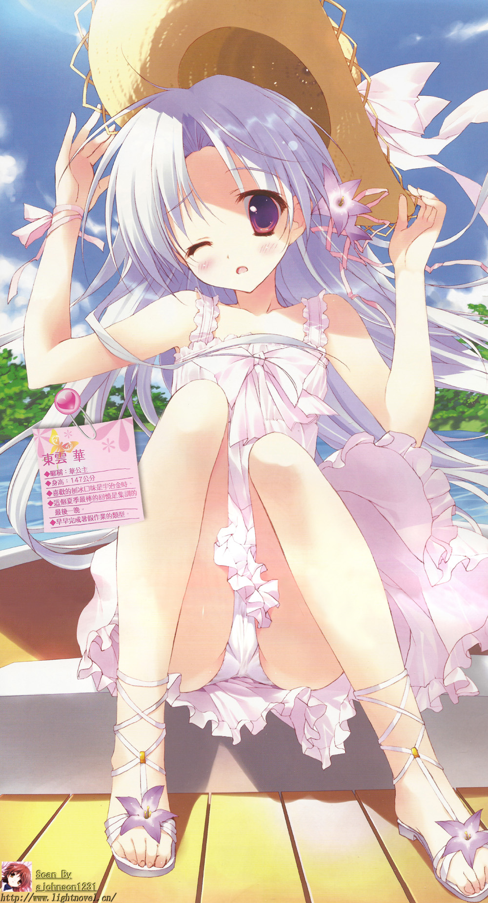 1girl blush character_name cross-laced_sandals d: d; dress feet flower hair_flower hair_ornament hana_x_hana hat highres jpeg_artifacts knees_together_feet_apart one_eye_closed open_mouth panties pantyshot pantyshot_(sitting) ryouka_(suzuya) shinonome_hana sitting sun_hat sundress toes underwear wind wind_lift